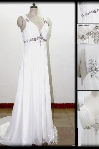 V Neck Crystal Chiffon Long Evening Dress Prom Dress Custom Made Bridal Party Dress Ws048