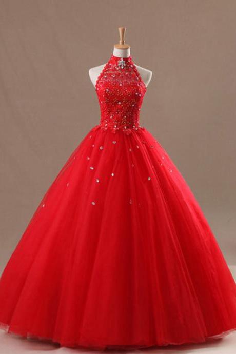 High Neck Halter Red Formal Applique Long Ball Gown Lace Bridal Wedding Dresses Formal Floor Length W505