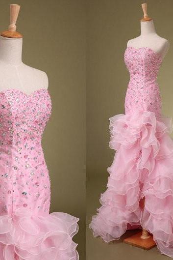 Sweetheart Crystal Hi-lo Organza Long Evening Dress Prom Dress Custom Made Bridal Party Dress W517