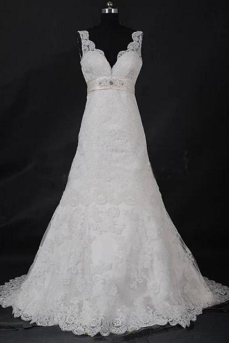 Simple Formal Applique V Neck Long A Line Lace Bridal Wedding Dresses Formal Floor Length W572