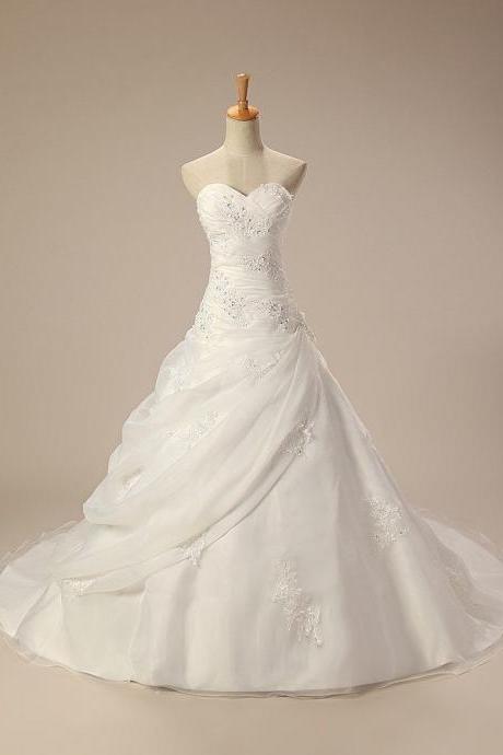 Formal Beading Sweetheart Long Train Ball Gown Lace Applique Custom Bridal Wedding Dresses Formal Floor Length xz03
