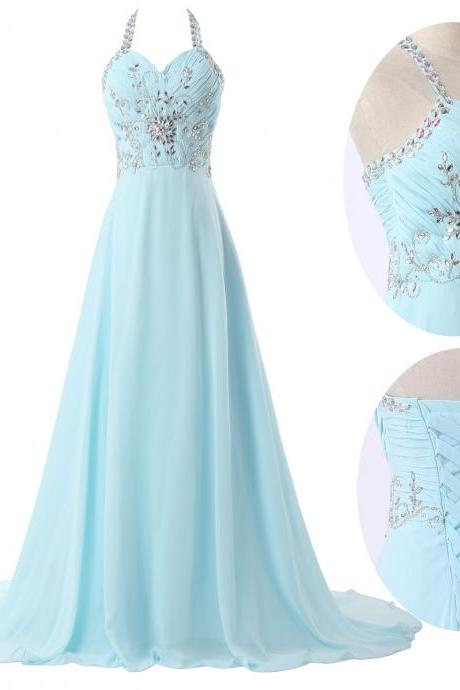 Bridesmaid Dress Halter Crystal Chiffon Beading Evening Dress Prom Dress Custom Made Bridal Party Dress Xz36