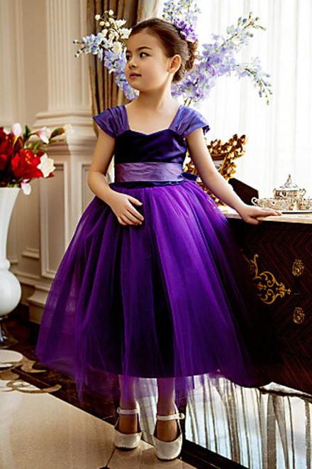 Formal Purple Flower Girl Dresses Tea Length Tulle Ball Gown Kids Wedding Party Dresses 0425-01