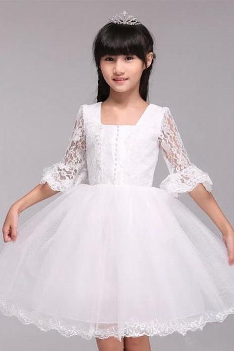 Formal Simple Flower Girl Dresses Half Sleeve Lace Ball Gown Kids Wedding Party Dresses 0425-28