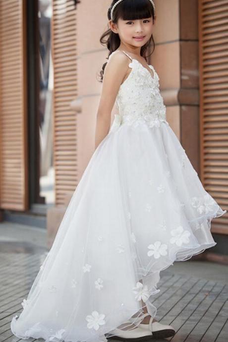 Formal Hi-lo Spaghetti Strap Flower Girl Dresses Long Tulle Ball Gown Birthday Wedding Party Dresses 0425-50