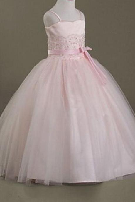 Spaghetti Strap Formal Simple Flower Girl Dresses Floor Length Lace Ball Gown Kids Wedding Party Dresses 0502-02