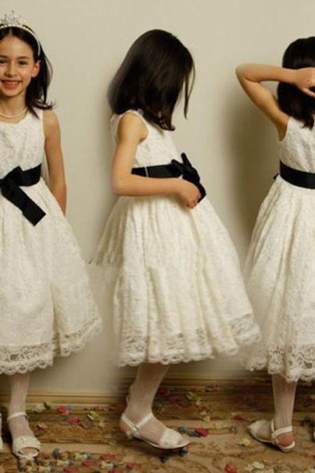 Formal Tea Length Flower Girl Dresses Lace Kids Wedding Party Dresses 0502-07