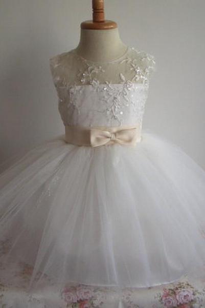 Formal Backless Tea Length Flower Girl Dresses Tulle Ball Gown Kids Wedding Party Dresses 0502-11
