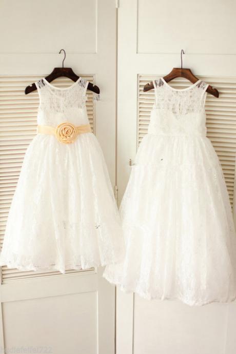 Formal Tea Length Flower Girl Dresses With Bows Children Birthday Dress Lace Kids Wedding Party Dresses Fg5