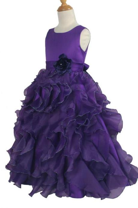 Purple Ruffle Floor Length Flower Girl Dresses Children Birthday Dress Organza Kids Wedding Party Dresses Wlj128