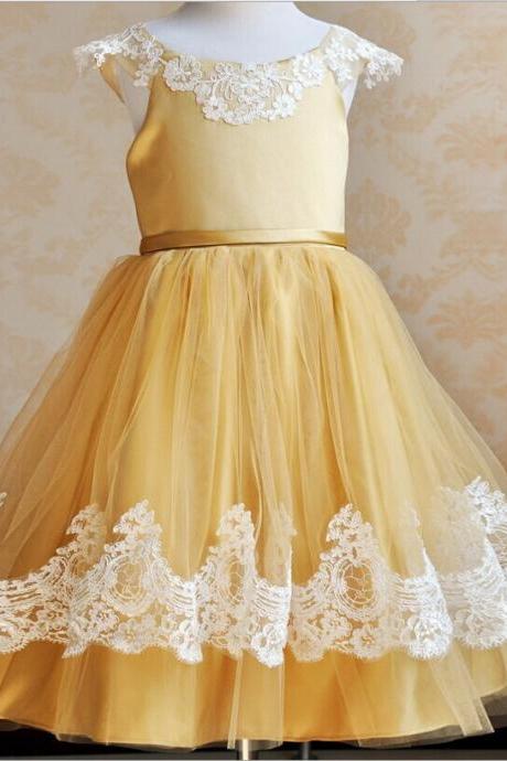 Tea Length Flower Girl Dresses Children Birthday Dress Lace Applique Kids Wedding Party Dresses 0628-14