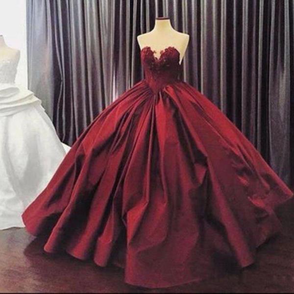 Wine Red Ball Gown Formal Prom Evening Dresses Satin Wedding Dresses