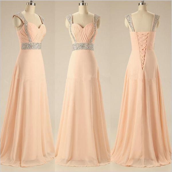 Sweetheart Beaded Cap Sleeve A Line Peach Long Prom Dresses Evening ...
