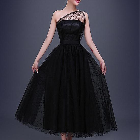 Black Tea Length Formal Prom Gown Elegant Dot Tulle Oneshoulder