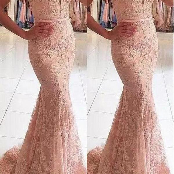 Excellent Tulle Pink V-neck Neckline Mermaid Evening Dress With Beaded Lace Appliques 68-2