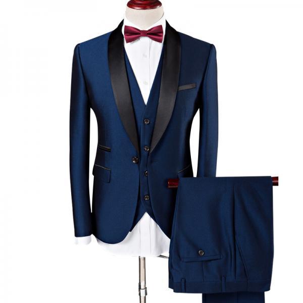 (Jacket+Vest+Pants)Men Suit 2019 Wedding Suits For Men Shawl Collar 3Pieces Slim Fit Burgundy Suit Mens Royal Blue Tuxedo Jacket