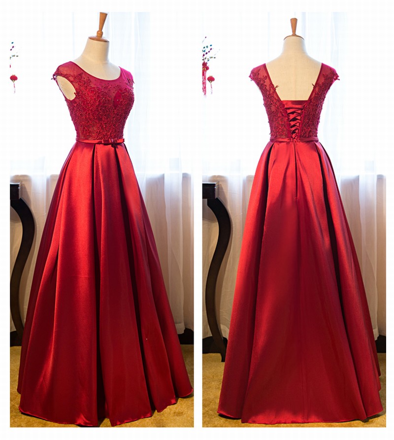 Burgundy Lace Prom Dresses A-line Satin Wedding Party Gowns on Luulla