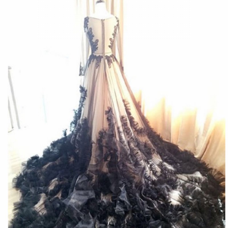 Elegant Black Lace Tulle Long Sleeve Evening Prom Dresses With Train ...