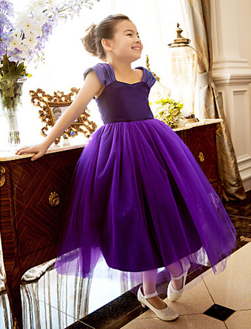Formal Purple Flower Girl Dresses Tea Length Tulle Ball Gown Kids ...